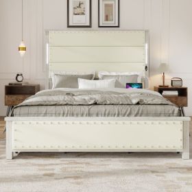 Queen Size Bed Frame With Upholstered Headboard And 4 Storage Drawers , Queen Bed Frame With Charging Station And LED Lights, Wood Slats, Beige F (Option: King)